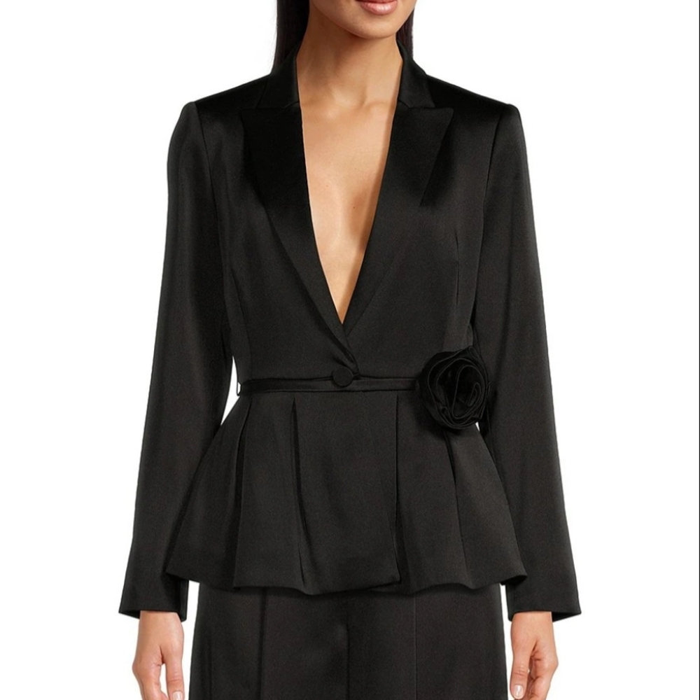 Muse by Marchesa Black Satin Blazer with Peplum Waist and Floral Detail